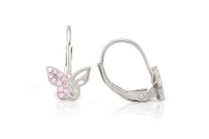 Ezüst gyermek fülbevaló patentzáras pillangó félig köves rózsaszín - Baba és gyermek ezüst fülbevaló