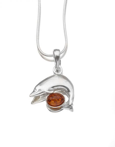Borostyánköves ezüst delfin medál p-3040
