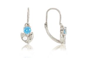 Fehér arany fülbevaló elölkapcsos virág világoskék és fehér kövekkel - 