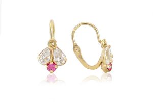 Arany gyermek fülbevaló elölkapcsos méhecske fehér és pink kővel  - 
