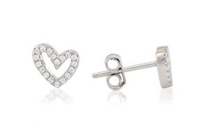 Ezüst fülbevaló bedugós asszimmetrikus szív fehér kövekkel kirakva - Ezüst fülbevaló