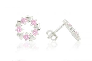 Ezüst fülbevaló bedugós szíves rózsaszín köves koszorú - 