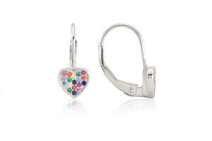 Ezüst fülbevaló patentzáras szívecske színes kövekkel - Valentin napi ajánlataink
