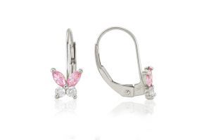 Fehér arany gyermek fülbevaló patentzáras pillangó rózsaszín és fehér kövekkel - Baba és gyermek fülbevaló