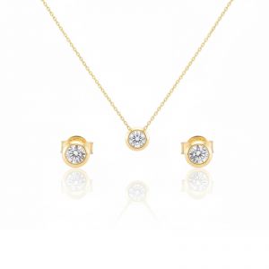 Sárga arany button ékszer szett – fülbevaló, medál és vékony Anker nyaklánc fehér cirkónia kővel - Arany ékszer