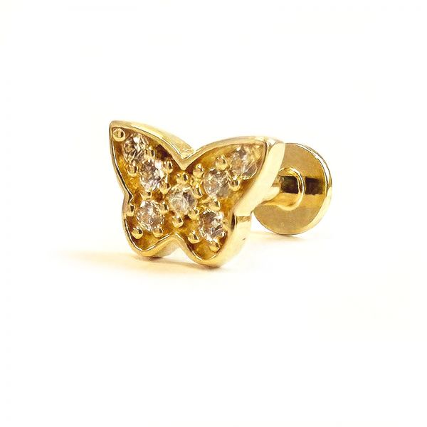 Arany pillangó piercing - 14K, cirkónia kövekkel, biztonsági menetes zár