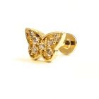 Arany pillangó piercing - 14K, cirkónia kövekkel, biztonsági menetes zár